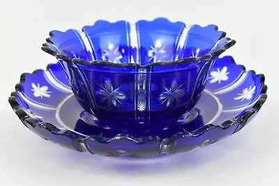 Buy Cobalt Blue Glass Bohemian Czech Bowl & Dish Set Scalloped Edge Cut Glass • 24.99£