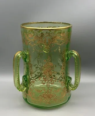 Buy Antique Moser Green Vaseline Glass Raised Applied Gold Encrusted Loving Cup Vase • 246.24£