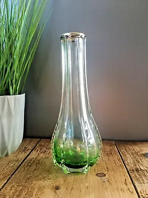 Buy Art Nouveau Bohemian Czech Textured Clear & Green Bud Vase Sterling Silver Rim • 55£