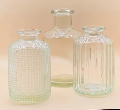 Buy Set Of 3 Small Bud Vases Clear Coloured Glass Flower Vintage Wedding Twig • 12.50£