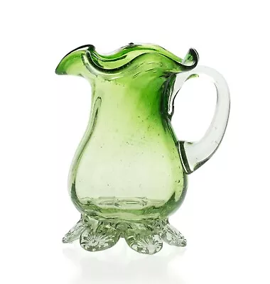 Buy Antique Victorian Green Glass Milk/Cream Jug With Clear Crimped Feet C1870 • 18.99£