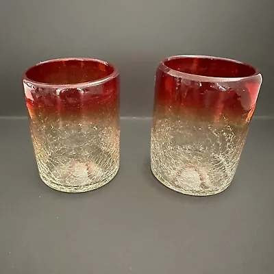 Buy 2 Vintage Handblown Amberina Crackle Glass Rocks Size Drinking Glasses 12oz • 24.01£