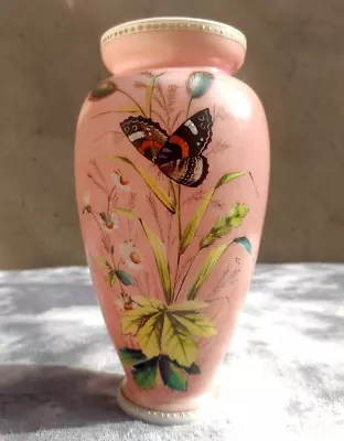 Buy Bohemian Harrach 19th Century Antique Enamel Butterfly Pink Opaline Glass Vase • 125£