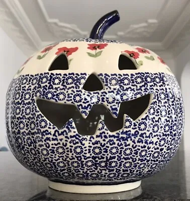 Buy New Polish Pottery Halloween Pumpkin Luminary Large W/ Flower (50% To Charity) • 125.19£