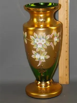 Buy Czech Bohemian Egermann Gold High Enamel Green Crystal Art Glass Vase • 369.16£