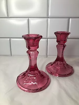 Buy Rose Pink Glass Candlestick Holder Pair Of Pressed Glass Candle Decoration • 20.13£