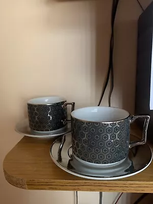 Buy Fox & Ivy Porcelain Cup And Saucer Black Silver Art Deco Style For Tesco • 18.50£