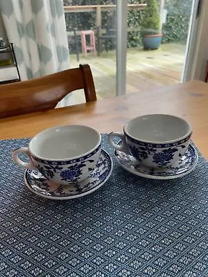 Buy 2-Antique 1930 Globe Pottery Stanley Hotel Ware Blue White Danish Cups & Saucers • 38.61£