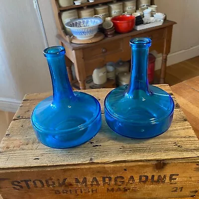 Buy Vintage Pair Bright Blue Glass Bottles / Decanters / Vases – Great Shape – Retro • 14.99£