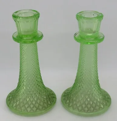 Buy . Green Glass Vintage Art Deco Antique Pair Of Candlesticks • 45£
