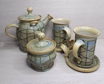Buy Antique Tea Set Handmade Pottery Vintage Teapot Sugar Pot Cups Art 1970'S Plates • 237.18£