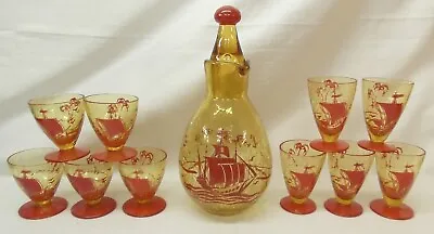 Buy Crackle Glass Ship Decanter & Drinking Glasses With Red Ships On  • 52£