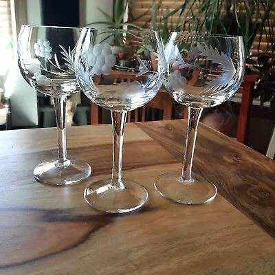 Buy Vintage Lot Of 3 Crystal Wine Glasses Etched Floral Stemware Barware Glassware • 19.88£