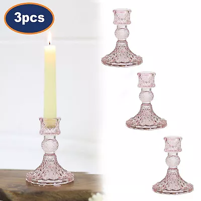 Buy Set Of 3 Pink Glass Candle Holder Vintage Taper Candlestick Dinner Table Decor • 12.95£