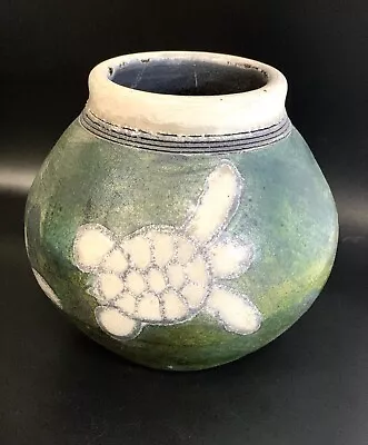 Buy Raku Pottery Pit Fired Bowl Sea Turtles Iridescent Green Finish, Signed • 46.47£