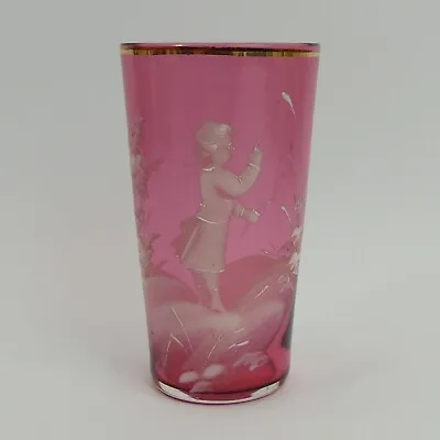 Buy Victorian Antique Mary Gregory Enamel Cranberry Glass Beaker C.1890 • 36£