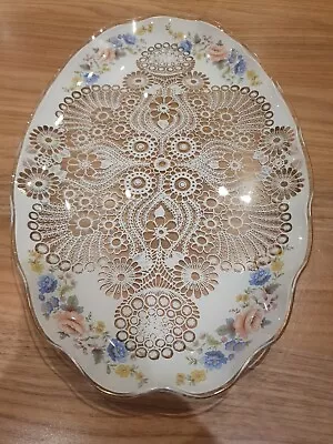 Buy Unusual Vintage Chance Glass Oval Floral And Lace Pattern Plate Platter  • 5£