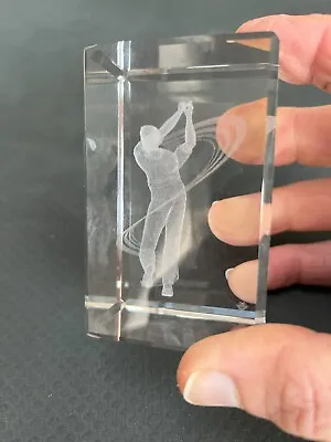 Buy 8cm Glass Crystal Block With Golfer Swing - Golf Paperweight - Sport Gift Trophy • 8.99£