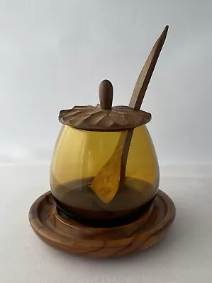 Buy Spanish Olive Wood Honey Jam Pot With Lid & Spreader Hand Carved & Amber Glass • 6£
