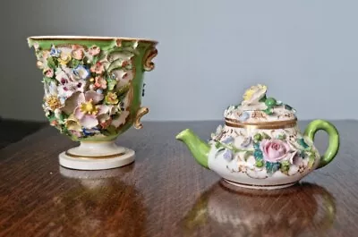 Buy Antique 1880s Meissen Flower Encrusted Miniature Teapot + Unmarked Urn, Damaged • 20£