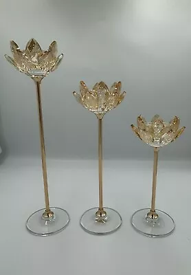 Buy 3 Pcs Floral Crystal Candle Holders Gold Glass Design Candlestick Dinner Party • 36.99£