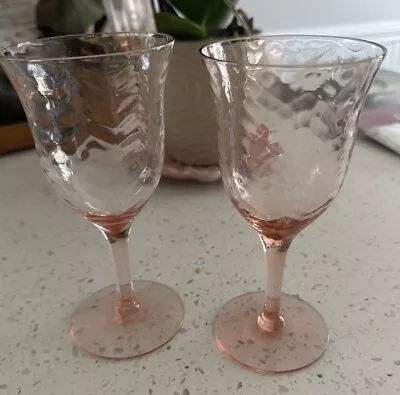 Buy 2 Elegant Vintage Wavy Pink Depression Glass Wine Goblets 6 1/2” • 33.30£