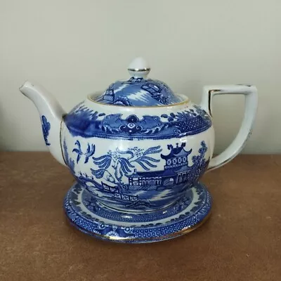 Buy Vintage, Burleigh Blue 'Willow' Pattern, Decorative Teapot, A/F Damaged Spout • 9.95£