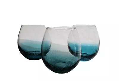 Buy Pier 1 Crystal TEAL BLUE CRACKLE Set/3 Stemless Wine Glasses EXCELLENT • 95.79£