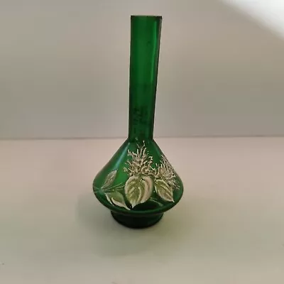 Buy Antique Green Glass Vase Hand Painted Floral  • 45.99£