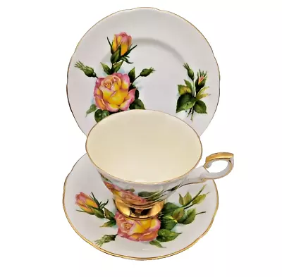 Buy Vintage Paragon Tea Trio Peace Roses Yellow Pink Gold Signed Harry Wheatcroft • 15£