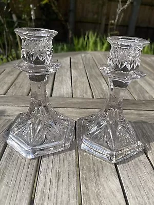 Buy Pair Of Vintage Glass Crystal? Candlesticks Hexagonal Shaped Top And Base • 9.99£