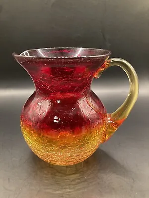 Buy Vintage Amberina Crackle Glass Hand Blown Pitcher Red Yellow Applied Handle • 22.75£