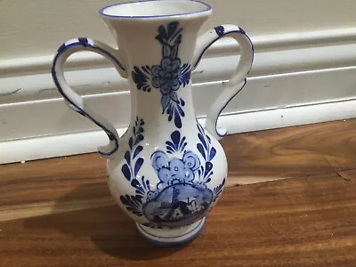 Buy Delfts E H 10533 Vase Two Handled  Blue Hand Painted 6 1/4  H X 2  W • 17.75£