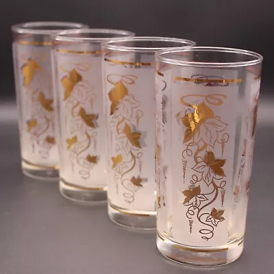 Buy Set Of 4 Vintage Libbey 22K Gold Ivy Leaf Frosted Glasses Mid Century Tumblers • 15.34£