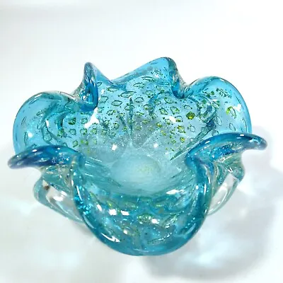 Buy Venetian Italian Murano Glass Bowl Or Ashtray Blue Air Bubbles Blue And Yellow • 42.63£