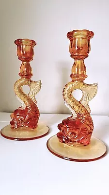 Buy Vintage Art Deco Amber Glass Dolphin Koi Fish Candlestick Candle Holders • 125£