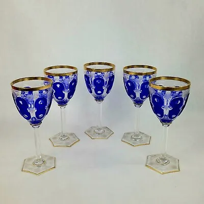 Buy Antique Bohemian Cobalt Blue Cabochon Wine Hock Glasses Water Goblets 8” • 563.60£
