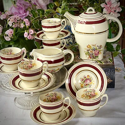 Buy Art Deco 1930s Woods Ivory Wear Red Coffee Tea Pot & Cup Set - Pretty Floral • 44.99£
