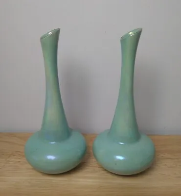 Buy Pair Of Vintage Carlton Ware Iridescent Lustre Blue Green Stem Vases 16cm High • 18.99£