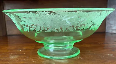 Buy Antique URANIUM GREEN GLASS Footed FRUIT BOWL Etched Wild Rose Floral Pattern • 54.90£
