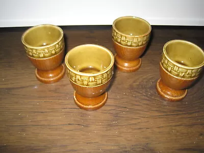 Buy Vintage Set Of 4 Pottery And Wood Egg Cups Campervan Retro • 10£