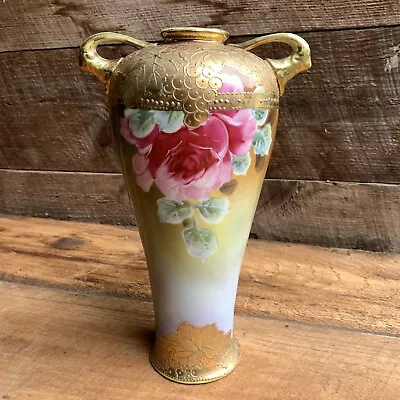 Buy Vtg Porcelain Vase Nippon ? Hand Painted Roses W/ Gold 10.5” Art Nouveau No Mark • 57.54£