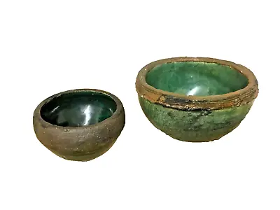 Buy 2 Small Mid Century Green Raku Glazed Bowls Unsigned Scandinavian • 23.50£