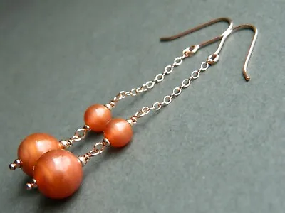 Buy Art Deco Apricot Coral Glossy Satin Glass Beads & 14ct Rolled Rose Gold Earrings • 13.99£
