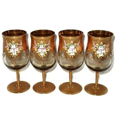 Buy Set Of 4 Czech Bohemian Hand Painted Water Or Wine Goblets, 6 3/8  Tall Enamel • 144.50£