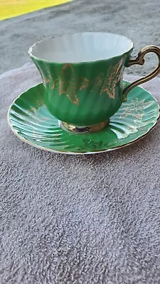 Buy Vintage H&M Sutherland Bone China Tea Cup And Saucer Green With Gold • 15.44£