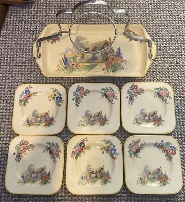 Buy 1930’s Bursley Ware England Sandwich Tray And 6 X Matching Plates Cottage Design • 29.99£