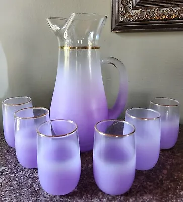 Buy Vintage MCM Blendo W. Virginia USA Frosted Orchid Glass Pitcher & Cups Set Of 7 • 101.04£