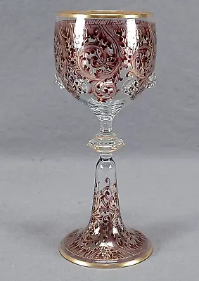 Buy Bohemian Harrach Maroon & Gold Scrollwork Hock Wine Roemer Circa 1870-1900 • 397.73£