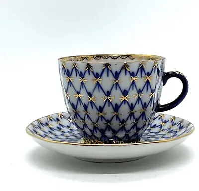 Buy Lomonosov Cobalt Net Demitasse Porcelain Teacup & Saucer Red USSR Mark 22k Gold • 49.22£
